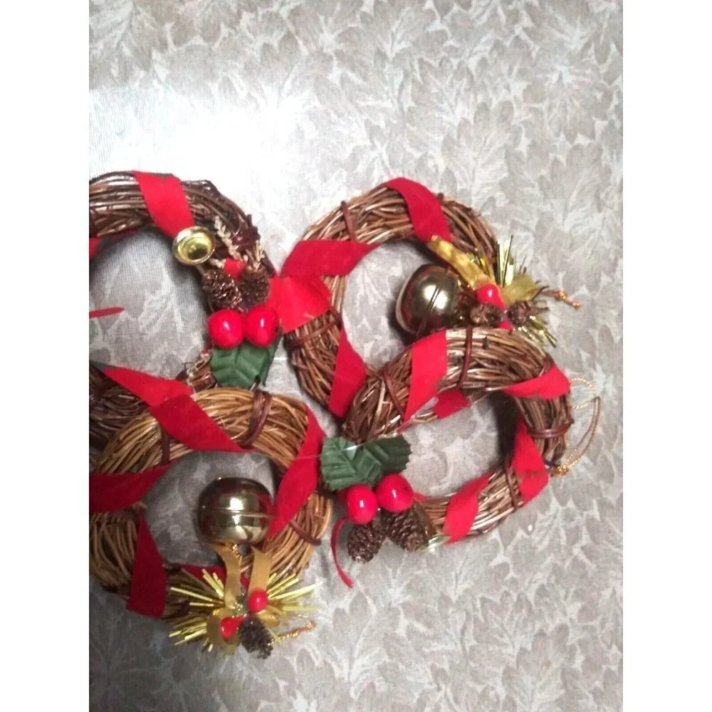 Set of 4 Christmas ornaments Rattan Woven Wreaths small 4